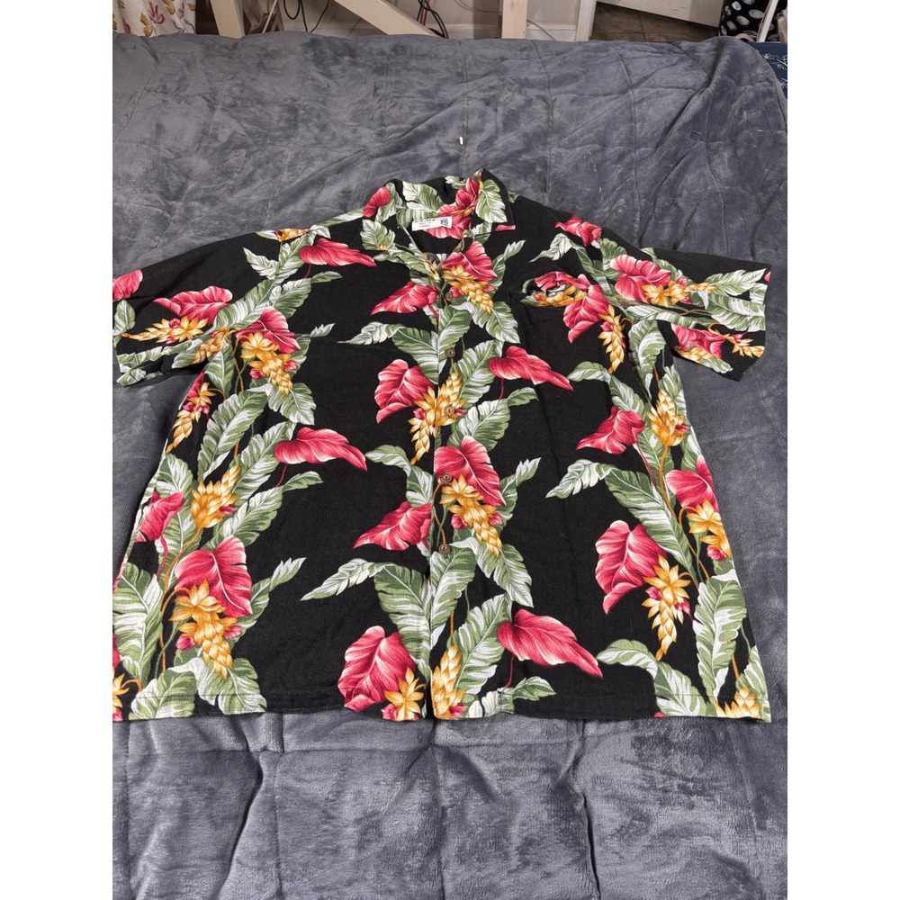 Iolani Mens Hawaiian Shirt Black Red‎ Floral Tropical Ginger Made in Hawaii XL